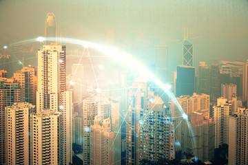 Double exposure of social network theme drawing and cityscape background. Concept of people connecton.