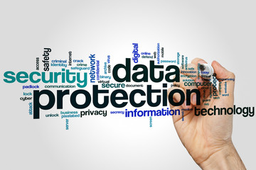 Data protection word cloud concept on grey background