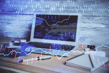 Multi exposure of forex graph and work space with computer. Concept of international online trading.