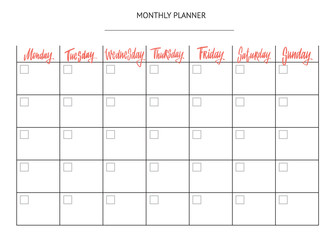 Planner for week. To Do list. Names of weekdays. Hand drawn lettering on white background for your calendar design. Modern brush vector calligraphy