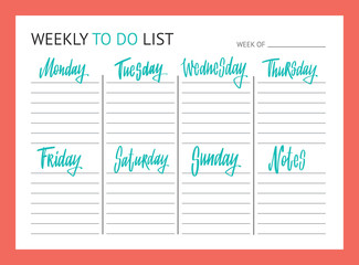 Planner for week. To Do list. Names of weekdays. Hand drawn lettering on coral background Modern brush vector calligraphy