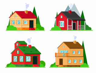 Cartoon home and cottages set. Flat vector illustration.