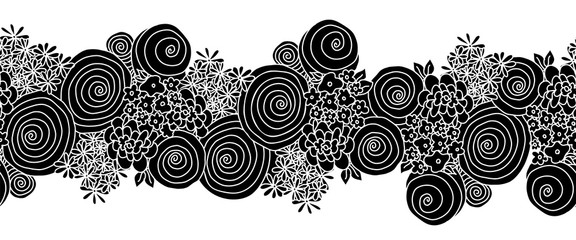 Materiał do szycia Seamless monochrome floral vector border. Flowers Repeating background black on white