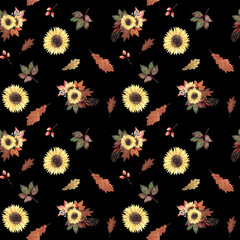 Hand painted watercolor seamless pattern with sunflowers, autumn leaves and berries on black background