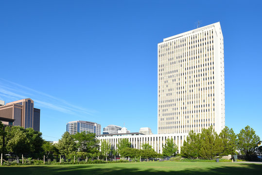 SALT LAKE CITY, UTAH - JUNE 29, 2017: LDS Office Building. Headquarters for the Church of Latter-day Saints, seen from the Brigham Young Historic Park.