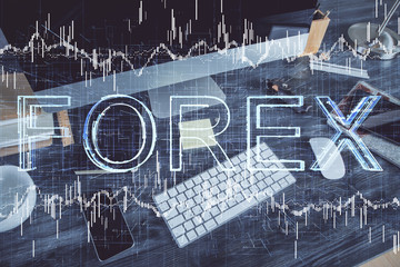 Multi exposure of chart and financial info and work space with computer background. Concept of international online trading.