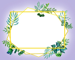 Frame background for invitation card for the wedding. Background with a frame of plants for your text. Watercolor illustration on white background.