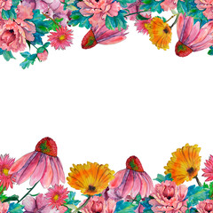 Decorative watercolor flowers frame illustration, botanic floral composition