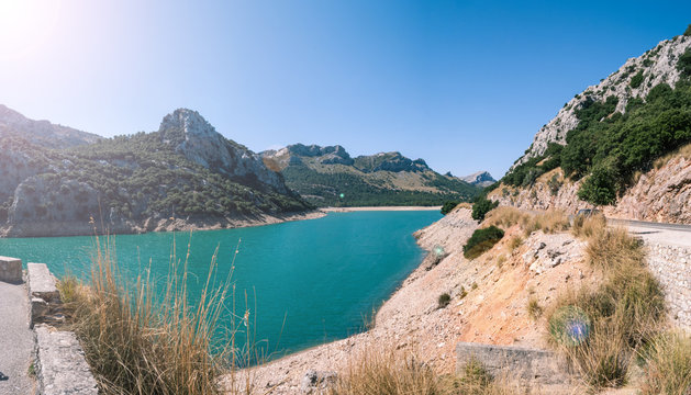 PANORAMIC VIEW OF GROUGHT IN GORG BLAU RESERVOIR IN MAJORCA, SPAIN 2.