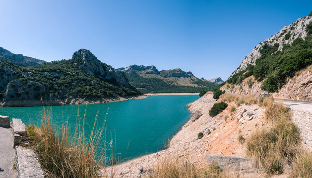 PANORAMIC VIEW OF GROUGHT IN GORG BLAU RESERVOIR IN MAJORCA, SPAIN.