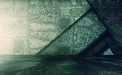 3d rendering illustration. Abstract background. Old grunge underground hall with stone floor, stone walls and triangular pillars on the right with light from left.