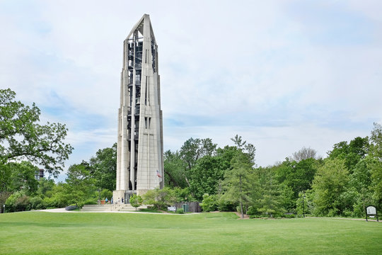 NAPERVILLE, ILLINOIS - MAY 26, 2017: Moser Tower and Millennium Carillon. Regular concerts are held featuring both local and guest carillonneurs from around the world.