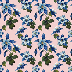 watercolor aquilegia seamless pattern on pink background