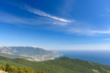 view of the resort city of Yalta, on a bright sunny day with clouds in the sky.