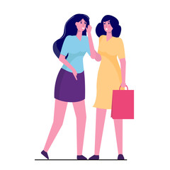 Secret, gossiping surprised concept. Young woman whispering to her friend.  Vector illustartion.