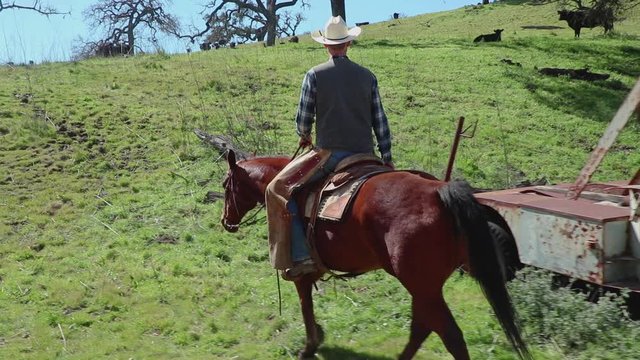As a 1900s tow truck sits in the background, a cowboy rides his horse through the frame