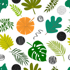 Seamless pattern with Flat Leaves of Tropical plants and Palms and Abstract figures circles, ribbons and other elements in scandinavian style. Doodle illustration. Vector pattern for decoration.