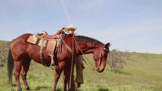 With a con trail overhead, the cowboy gets off his horse