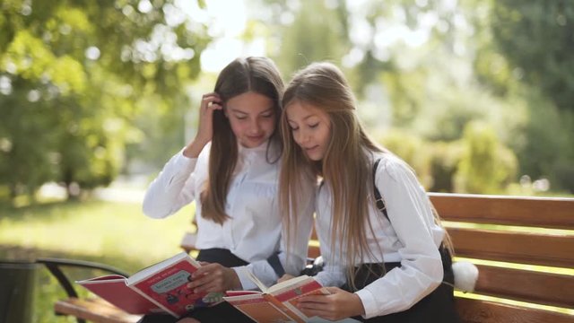 Two female students studying textbooks in the park on sunny day