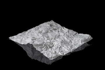 Fototapeta premium A sheet of crumpled white paper on a mirrored black surface. An isolated piece of parchment.