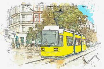 Fototapeta na wymiar Watercolor sketch or illustration of a tram in Berlin.