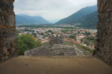 Obraz premium Panorama of the town of Bellinzona and the castle in Switzerland from the observation deck