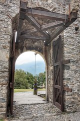 Gates and suspension bridge at Montebello Castle