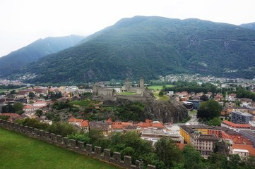 Panorama of the town of Bellinzona and the castle in Switzerland from the observation deck