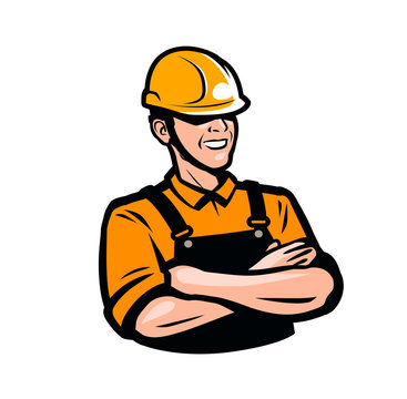Builder or worker in construction helmet. Repair, fix, industry logo. Vector illustration
