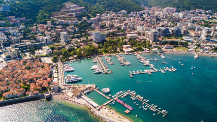 Top view.of Budva, Montenegro from the air. Aerial view. - obrazy, fototapety, plakaty