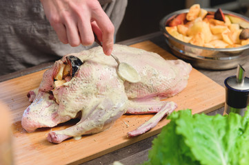Close-up of female hands preparing duck or goose for baking. White carrot dressing with mayonnaise. Christmas dish duck goose with apples