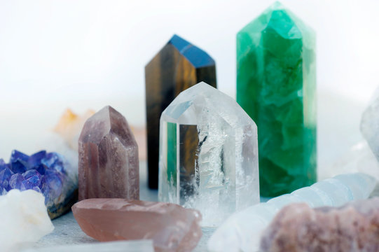 A collection of stone crystals for healing and energy meditation. 