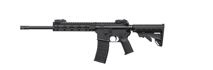 Modern automatic rifle isolated on white background. Reliable universal carbine for the army, police, special forces and for self-defense.