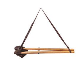 Folding wooden hunting stool tripod isolate on white background. Three-legged camping chair.