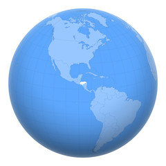 Honduras on the globe. Earth centered at the location of the Republic of Honduras. Map of Honduras. Includes layer with capital cities.