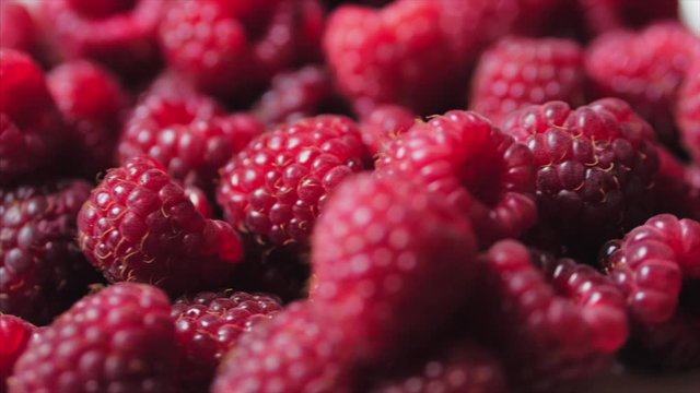 Close Up Berry. Fresh, Juicy Raspberry Background, Ripe. Macro Red Raspberries Fruit. Fresh Raspberry Fruits As Food Dackground. Healthy Food Organic Nutrition.