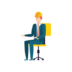 elegant engineer worker with helmet seated in office chair