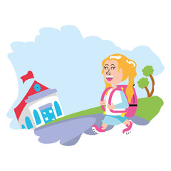 cute little student girl with bag education and school building