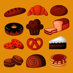 set of bakery icons. desserts on yellow background for cafe or pastry shop. illustration vector.