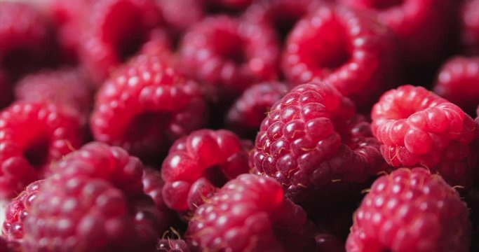 Close Up Berry. Fresh, Juicy Raspberry Background, Ripe. Macro Red Raspberries Fruit. Fresh Raspberry Fruits As Food Dackground. Healthy Food Organic Nutrition.