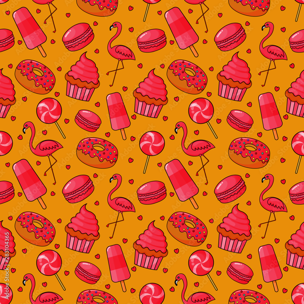 Poster cute bakery and candy seamless pattern. desserts on yellow background for cafe or pastry shop. illus