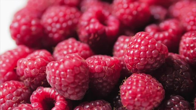 Close Up Berry. Fresh, Juicy Raspberry Background, Ripe. Macro Red Raspberries Fruit. Fresh Raspberry Fruits As Food Dackground. Healthy Food Organic Nutrition.