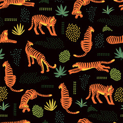 Seamless exotic pattern with tigers and abstract elements.