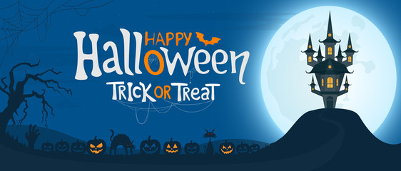 Halloween night background with text. Spooky castle under the moonlight and scary pumpkins. Vector illustration.