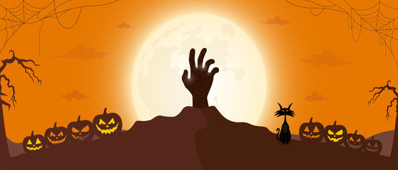 Halloween spooky background with zombie hand and scary pumpkins. Vector illustration.
