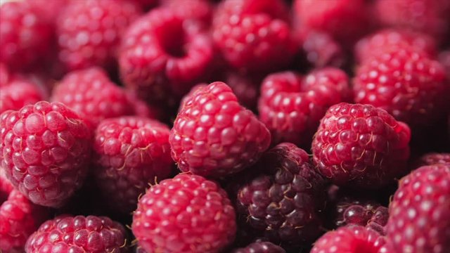 Close Up Berry. Fresh, Juicy Raspberry Background, Ripe. Macro Red Raspberries Fruit. Fresh Raspberry Fruits As Food Dackground. Healthy Food Organic Nutrition.