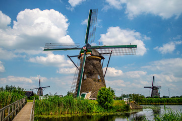 Traditional Dutch windmills at Kinderdijk, Netherlands.