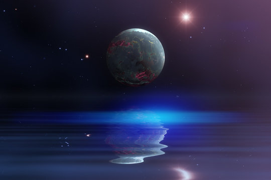 planet in space with water reflection
