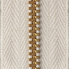 Closeup zipper light fabric background. Detail zipper with light fabric pattern and texture.