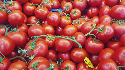 little red fresh ripe tomatoes background at the fruit market stand